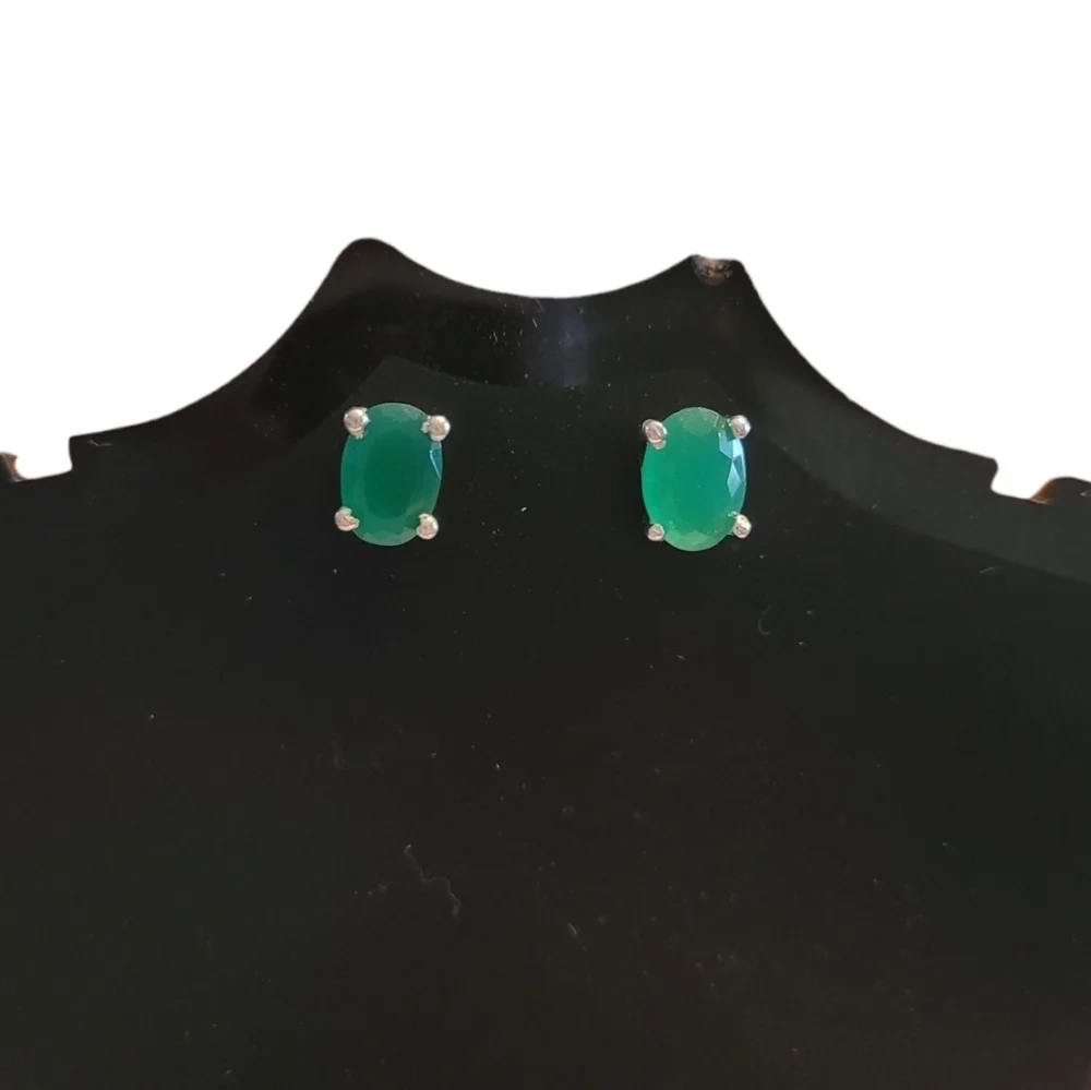 Green Onyx Oval‎ Stud Earrings 925 Sterling Silver Minimalist Gemstone Jewelry